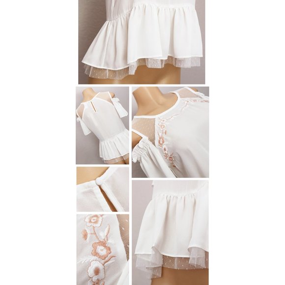 Ivory Embroidery Cold Shoulder Ruffle Peplum Top - Picture 5 of 8